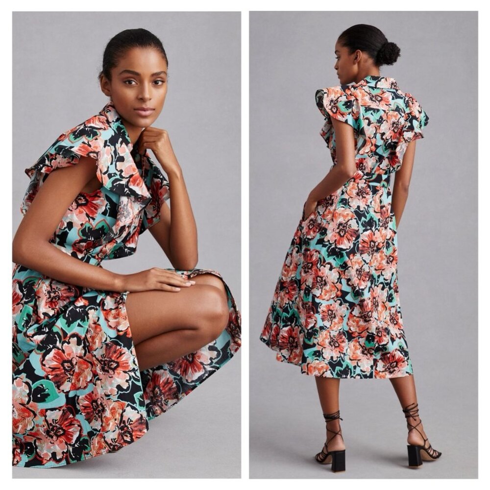 NWT Anthropologie Maeve Flutter Sleeve Button Front Midi Cotton Shirt Dr…